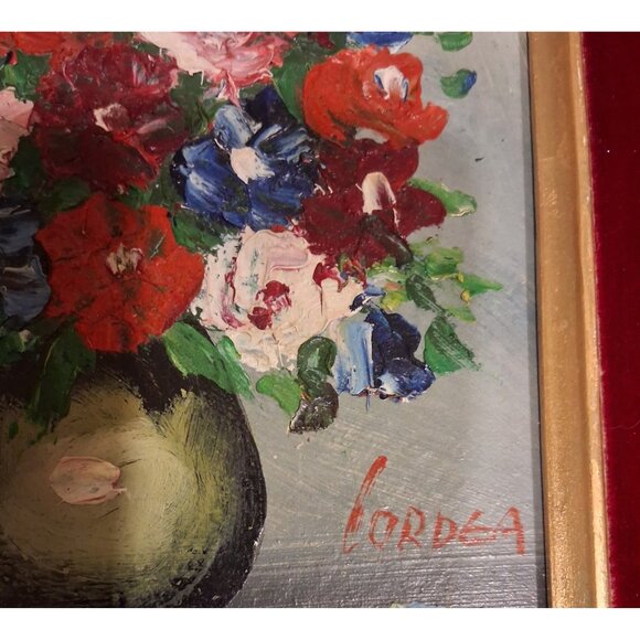 Original Oil Painting Floral Impressism Gold Framed Red Velvet Vintage 1970s - Picture 3 of 5